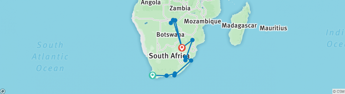 Image of a map showing the route of the tour