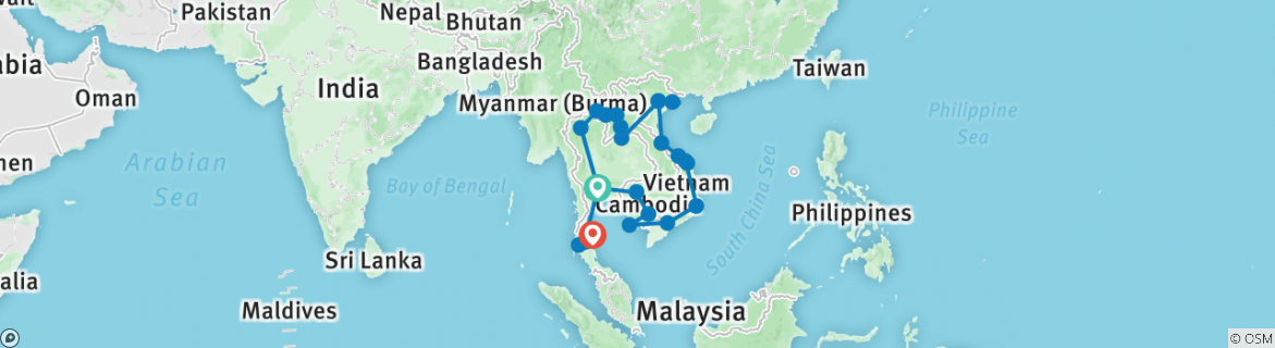 Image of a map showing the route of the tour