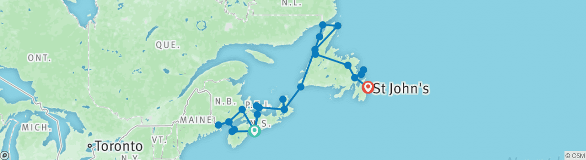 Image of a map showing the route of the tour