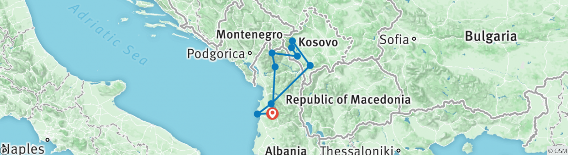 Image of a map showing the route of the tour