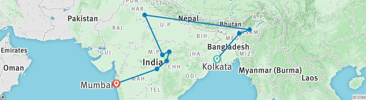 Image of a map showing the route of the tour