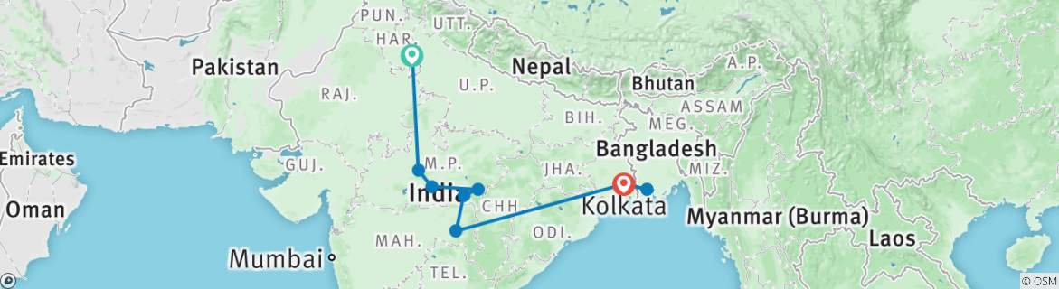Image of a map showing the route of the tour