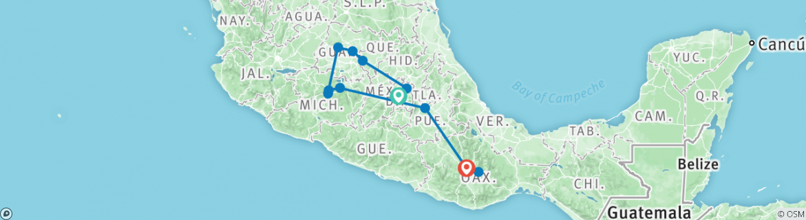 Image of a map showing the route of the tour