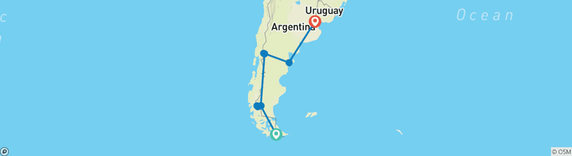 Image of a map showing the route of the tour