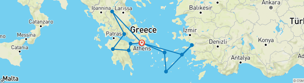 Image of a map showing the route of the tour