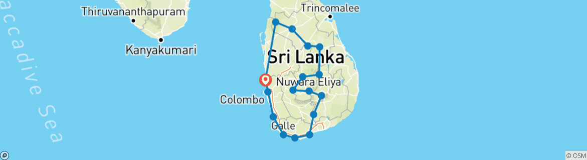 Image of a map showing the route of the tour