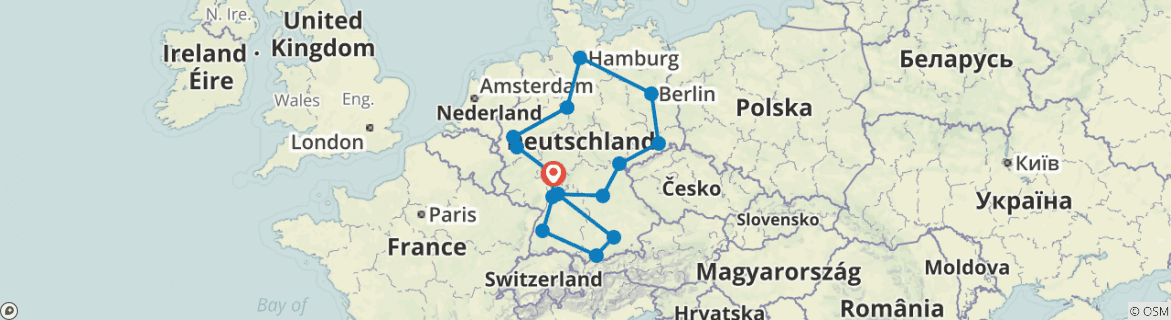 Image of a map showing the route of the tour