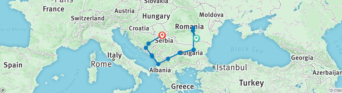 Image of a map showing the route of the tour