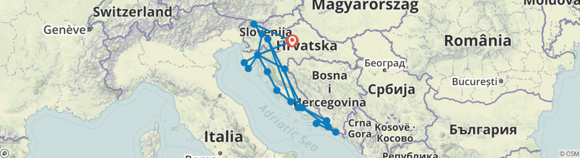 Image of a map showing the route of the tour