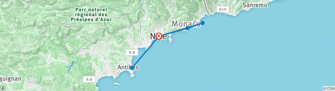 Image of a map showing the route of the tour