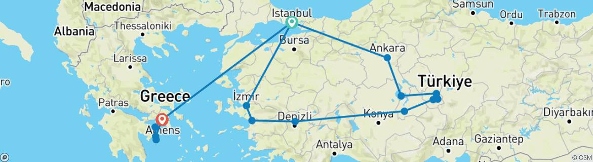Image of a map showing the route of the tour