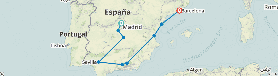 Image of a map showing the route of the tour