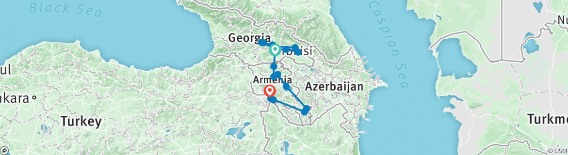 Image of a map showing the route of the tour