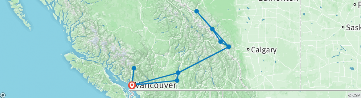 Image of a map showing the route of the tour