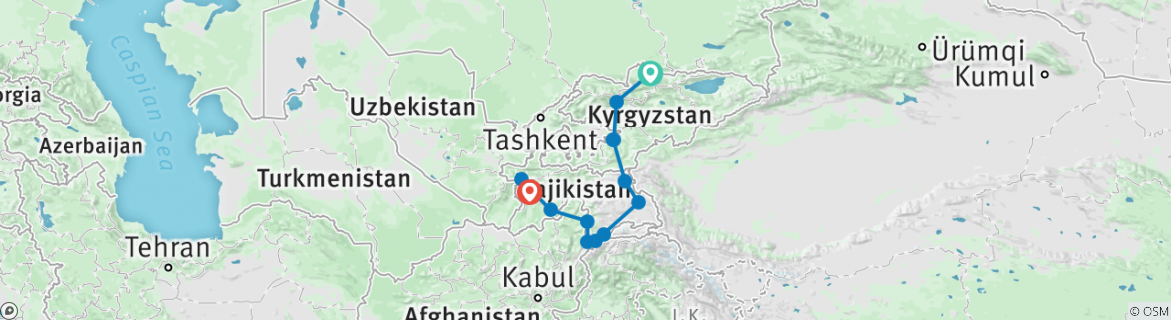 Image of a map showing the route of the tour