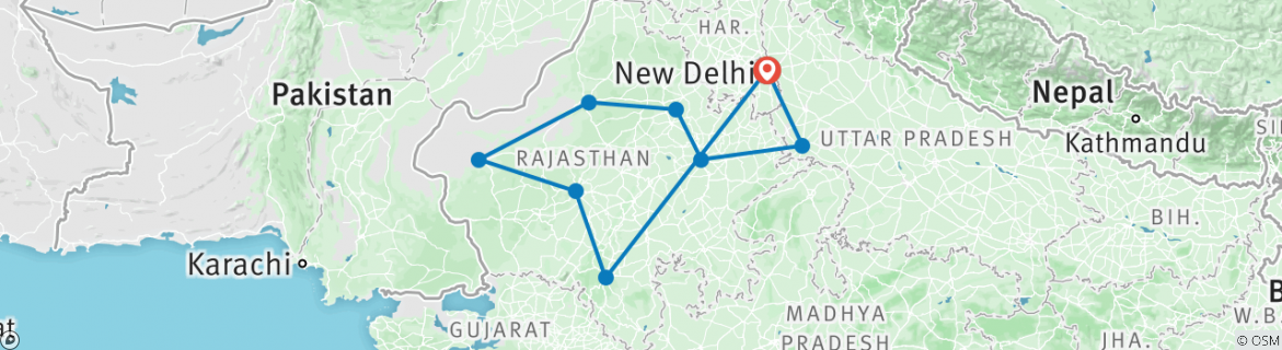 Image of a map showing the route of the tour