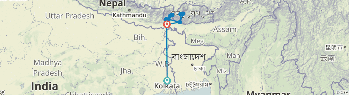 Image of a map showing the route of the tour