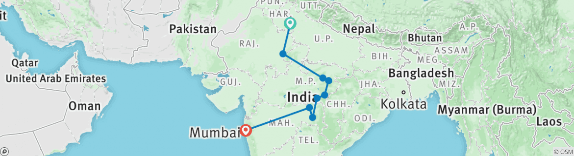 Image of a map showing the route of the tour