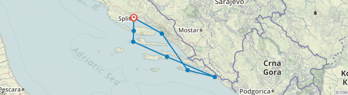 Image of a map showing the route of the tour