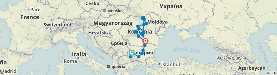 Image of a map showing the route of the tour