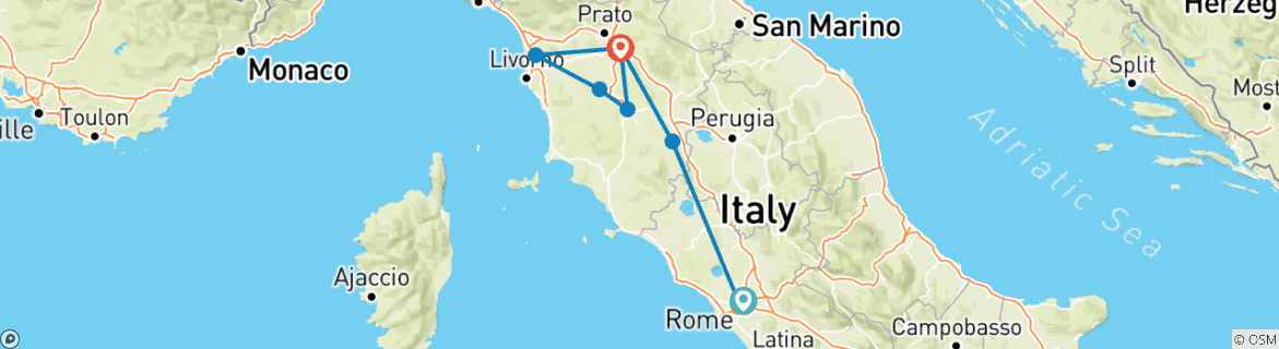 Image of a map showing the route of the tour