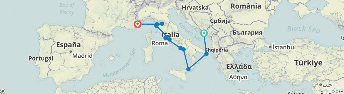 Image of a map showing the route of the tour