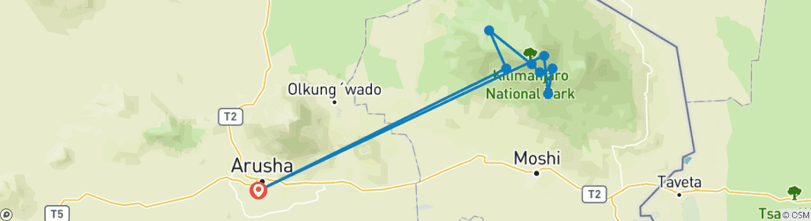 Mapa de 7 días monte Kilimanjaro Vía ruta Machame - Kilimanjaro circuitos de excursionismo
