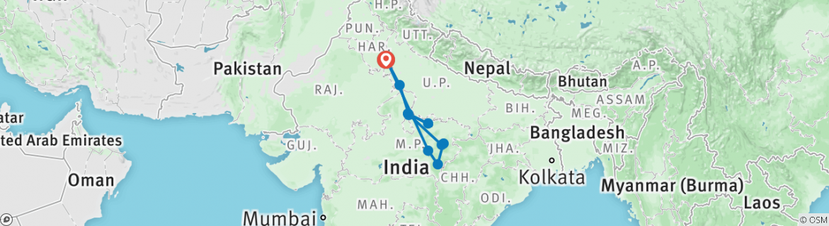 Image of a map showing the route of the tour