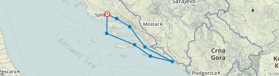 Image of a map showing the route of the tour