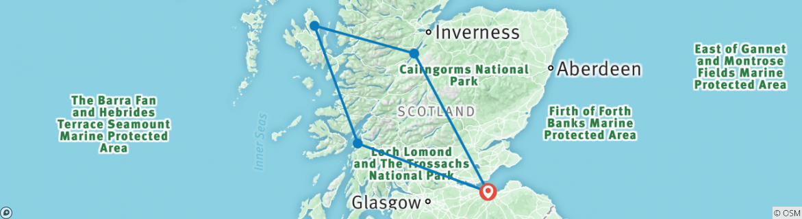 Image of a map showing the route of the tour