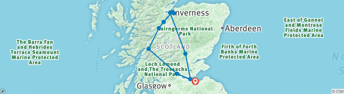 Image of a map showing the route of the tour