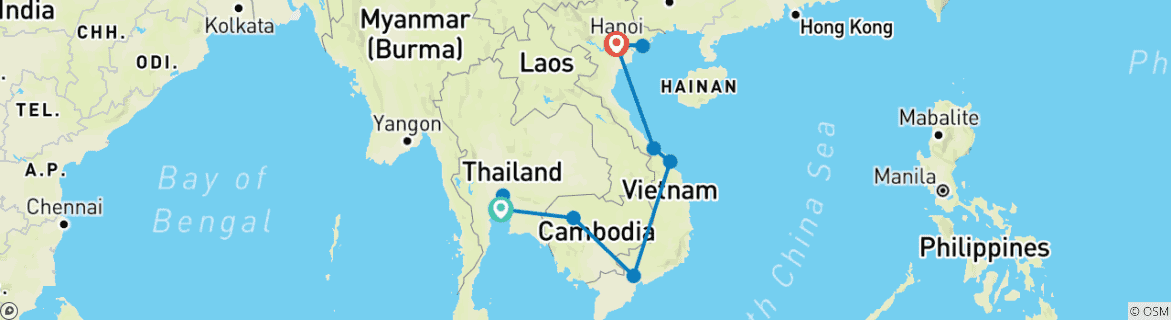 Image of a map showing the route of the tour