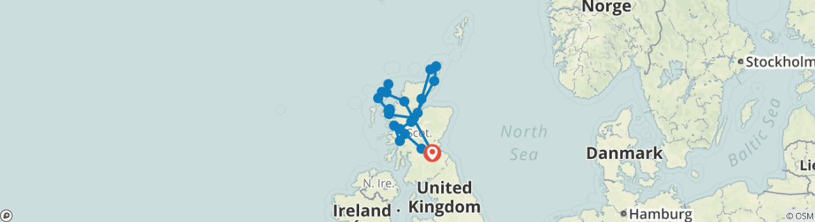 Image of a map showing the route of the tour