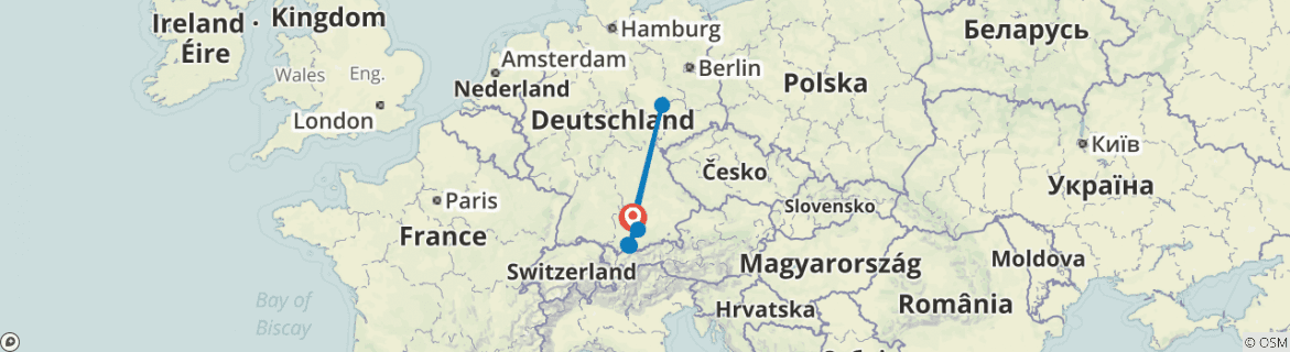 Image of a map showing the route of the tour
