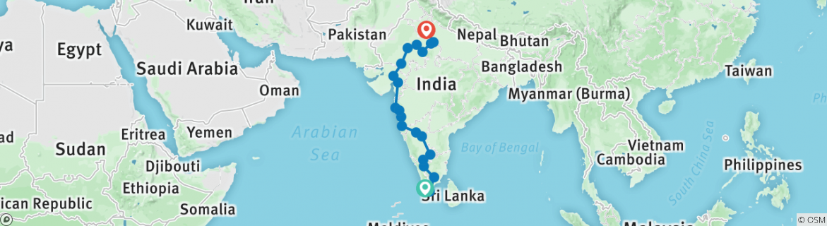 Image of a map showing the route of the tour