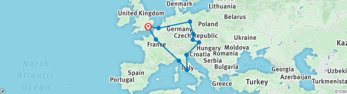 Image of a map showing the route of the tour