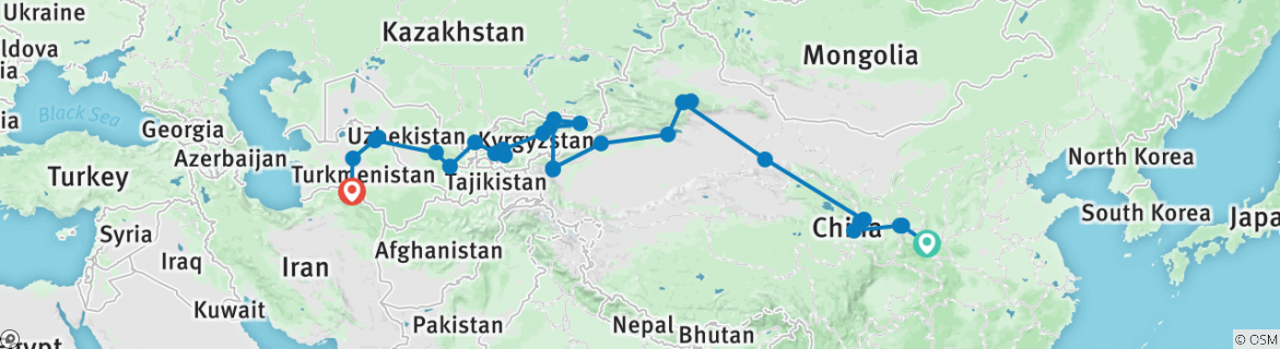 Image of a map showing the route of the tour