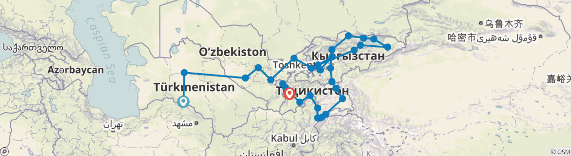 Image of a map showing the route of the tour