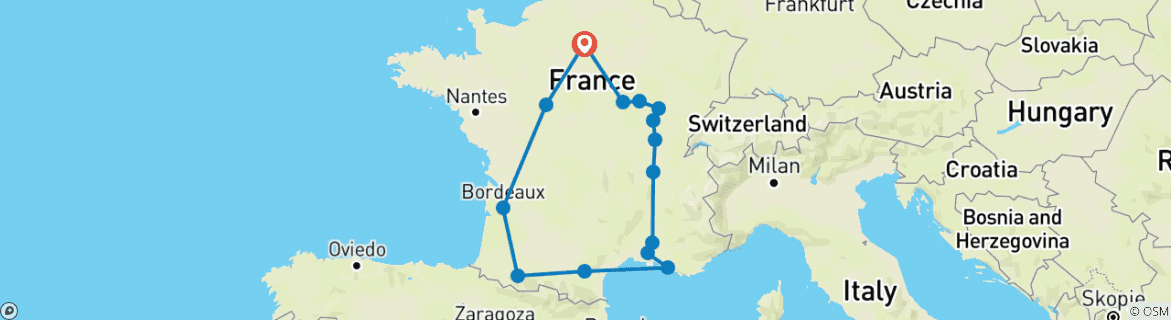Image of a map showing the route of the tour