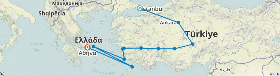 Image of a map showing the route of the tour