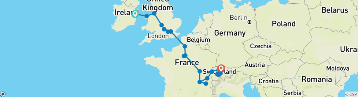 Image d'une carte montrant l'itinéraire du circuit