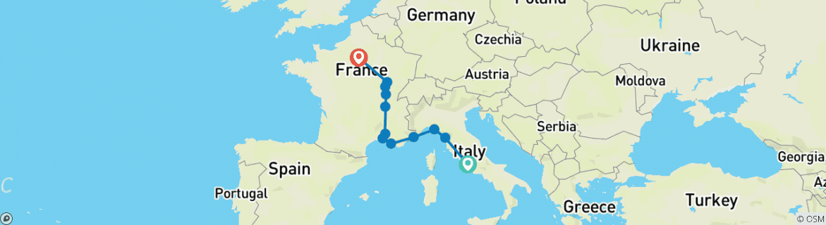Image of a map showing the route of the tour