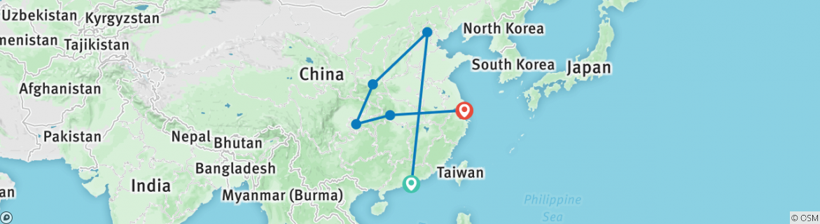Image of a map showing the route of the tour