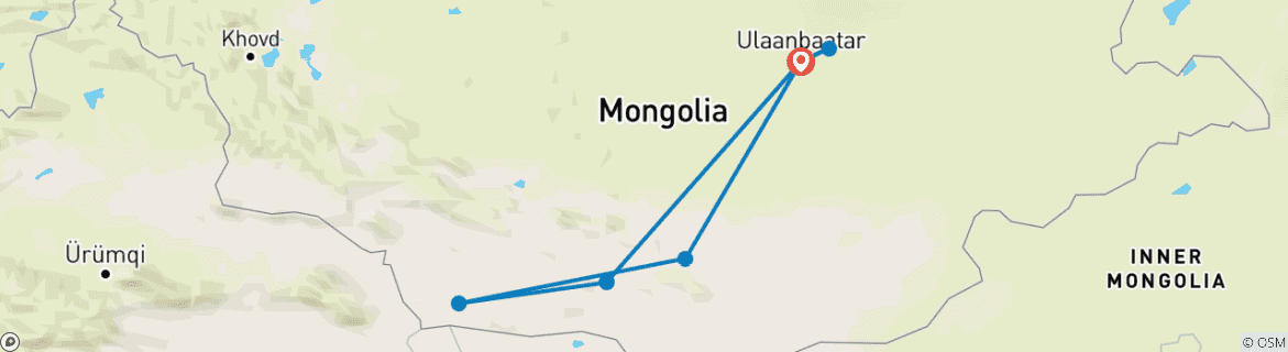 Carte du circuit Voyage sur mesure de 7 jours en Mongolie pour les familles avec départ quotidien, guide privé