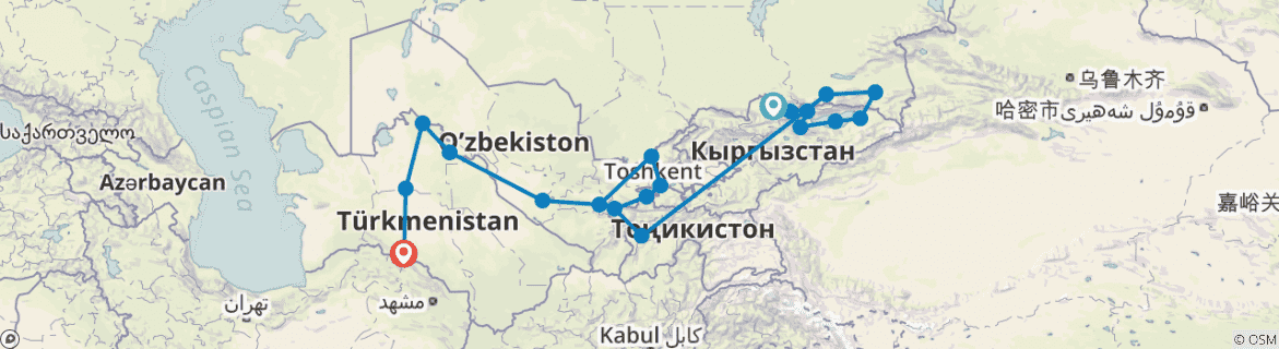 Image of a map showing the route of the tour
