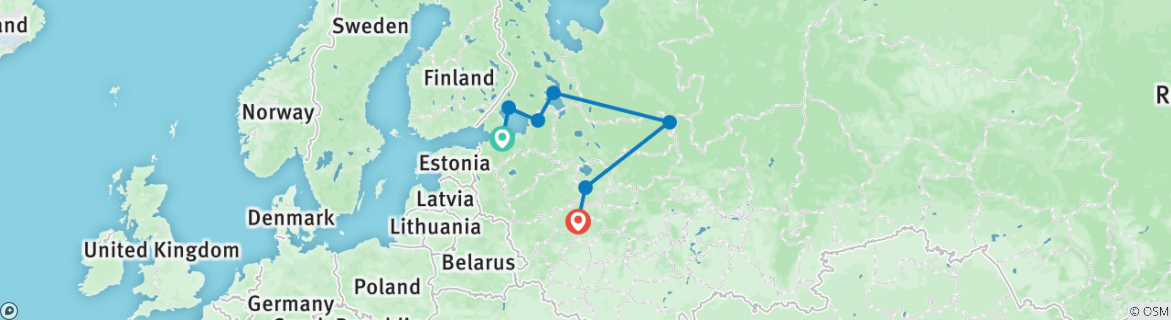 Image of a map showing the route of the tour