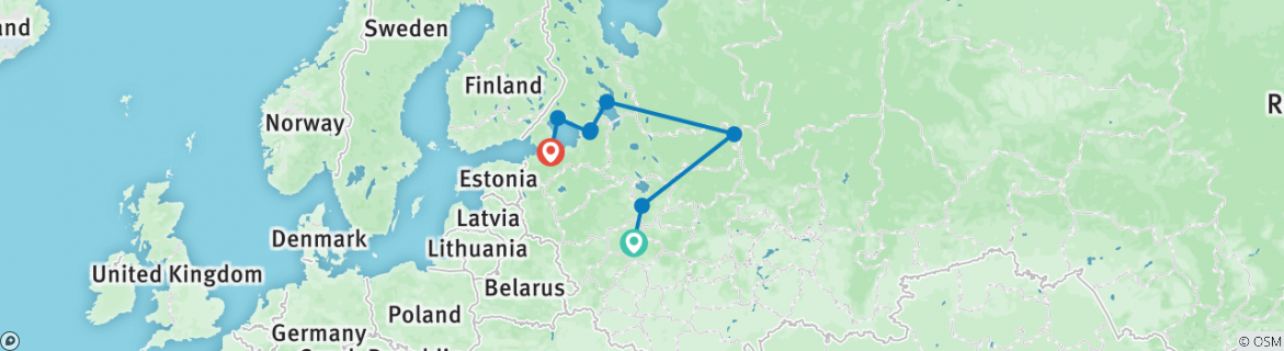 Image of a map showing the route of the tour