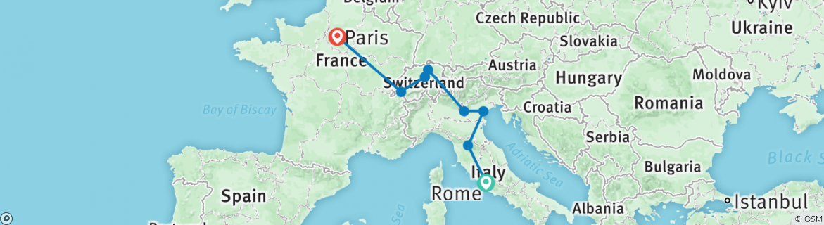 Image of a map showing the route of the tour
