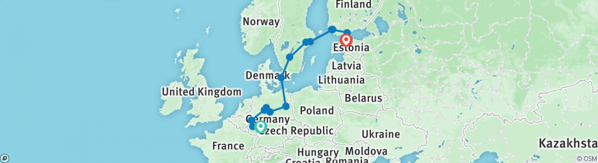 Image of a map showing the route of the tour