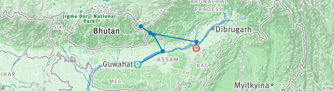 Image of a map showing the route of the tour